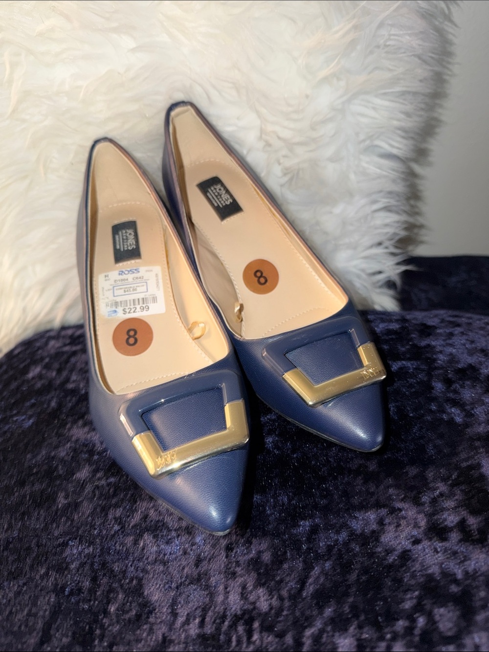 Pointed Toe Navy Flats with Gold Buckle
